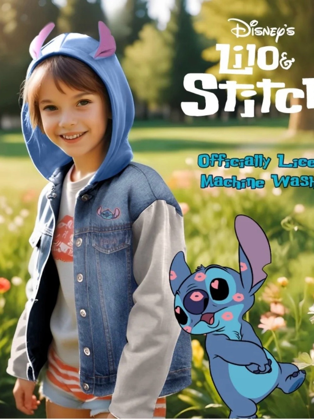Disney Stitch Blue Denim Hoodie Jacket with Pink Ear Accents